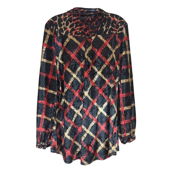 Paris Hues Womens Velvet‎ Blouse M Long Sleeve Button-Up Shirt Leopard Checkered - Picture 2 of 12